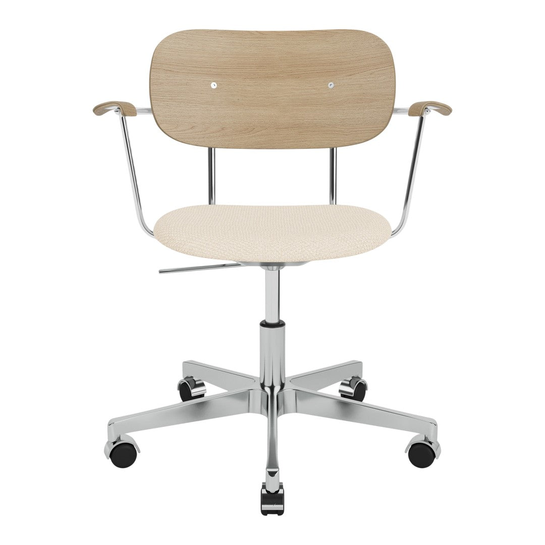 Light wood and cream color chair with a sleek chrome base and modern design. Ideal for stylish office spaces.
