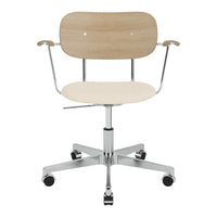 Light wood and cream color chair with a sleek chrome base and modern design. Ideal for stylish office spaces.
