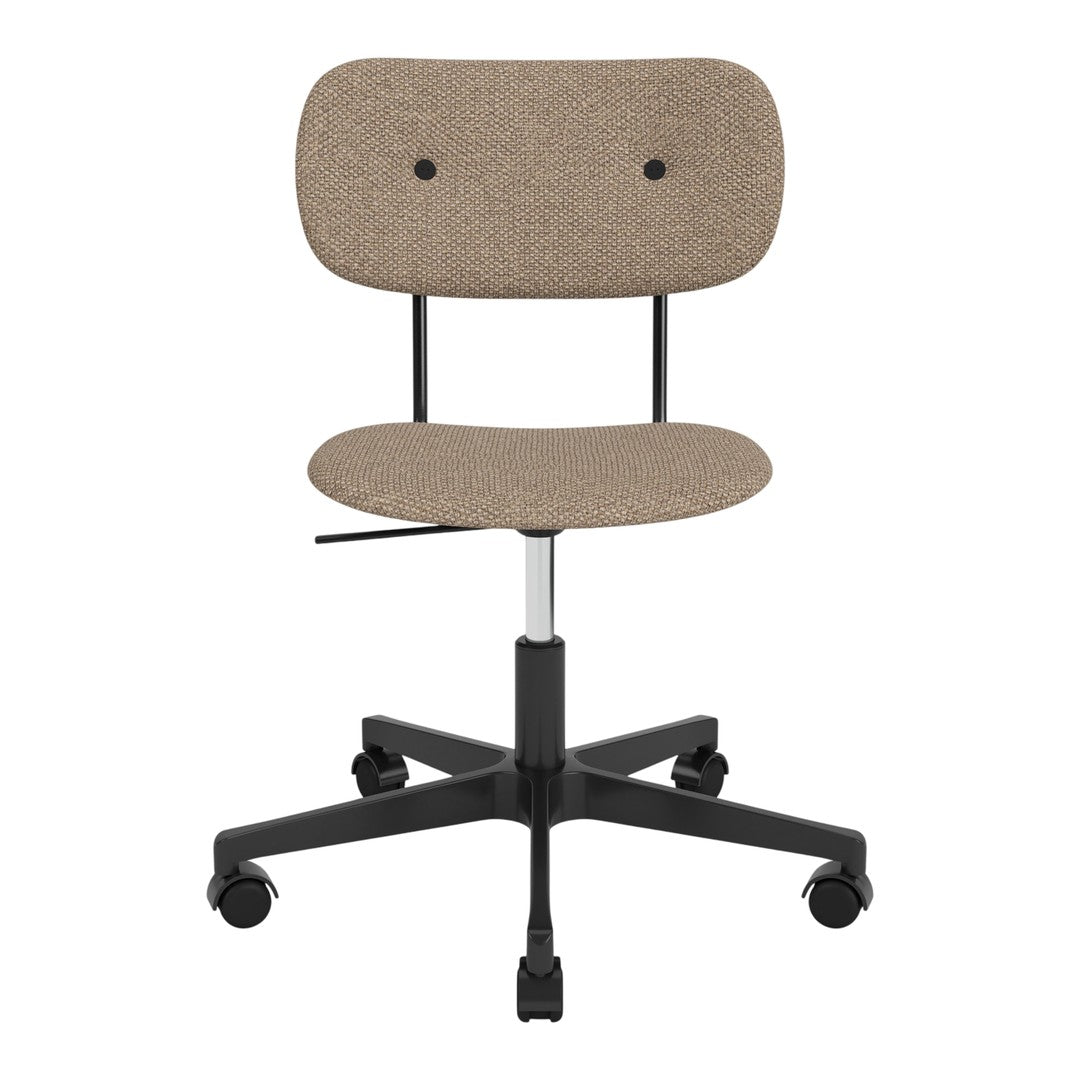 Brown upholstered office chair with a minimalist design and black metal frame, featuring a textured fabric pattern.