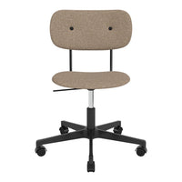 Brown upholstered office chair with a minimalist design and black metal frame, featuring a textured fabric pattern.