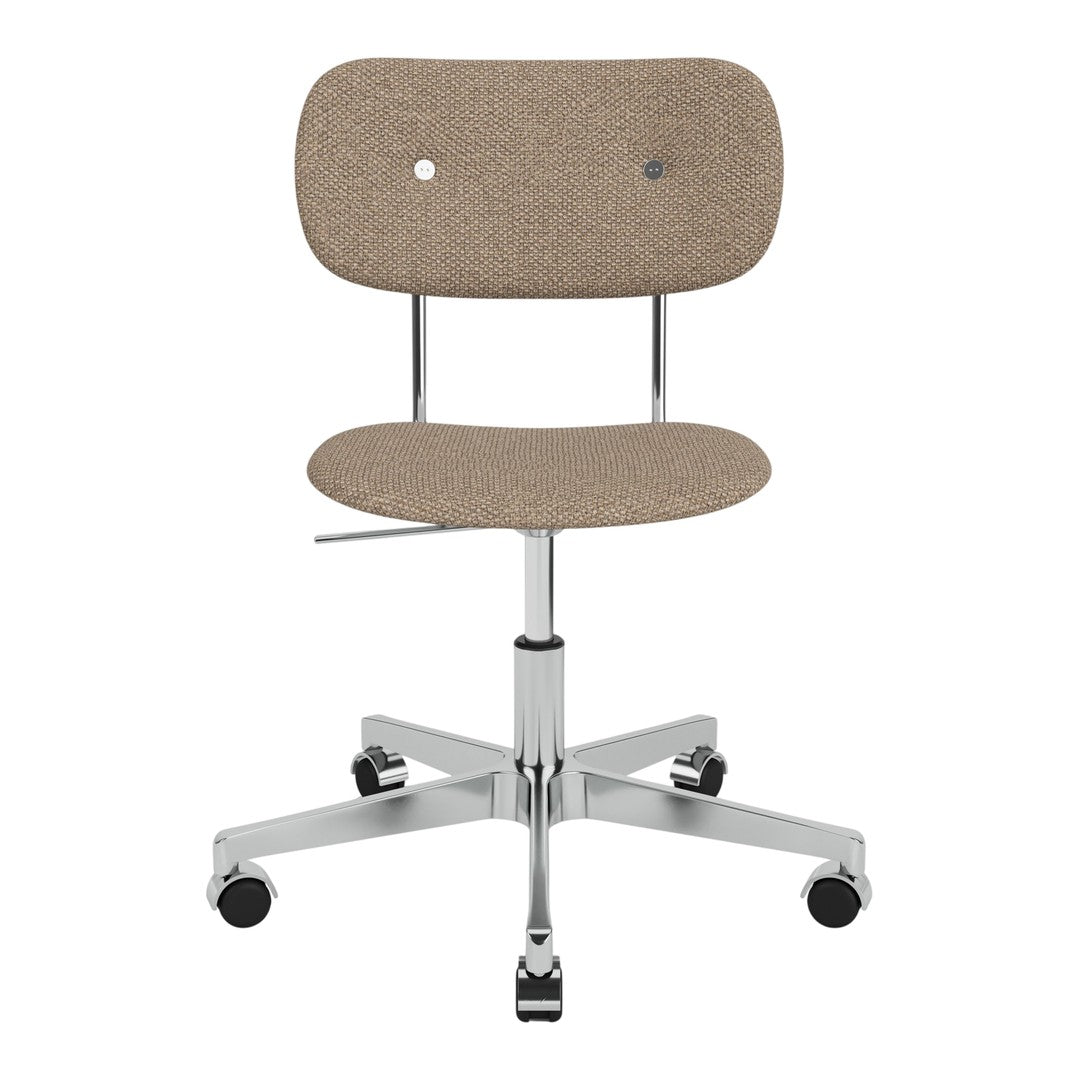 Tan upholstered ergonomic chair with a sleek chrome base and minimalist design.