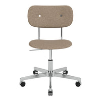 Tan upholstered ergonomic chair with a sleek chrome base and minimalist design.