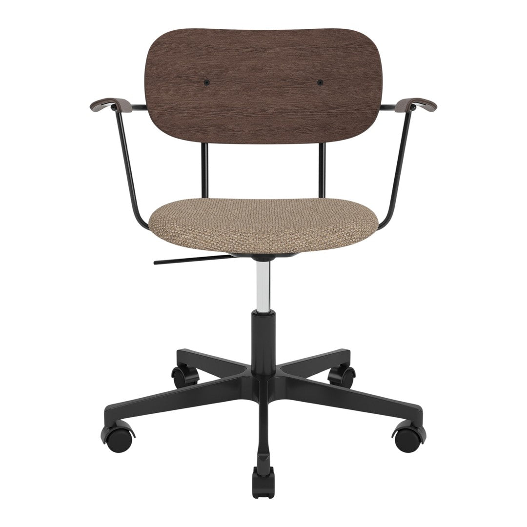 Brown wood backrest and beige patterned seat, with a sleek black base and roller wheels for mobility.