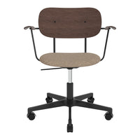 Brown wood backrest and beige patterned seat, with a sleek black base and roller wheels for mobility.