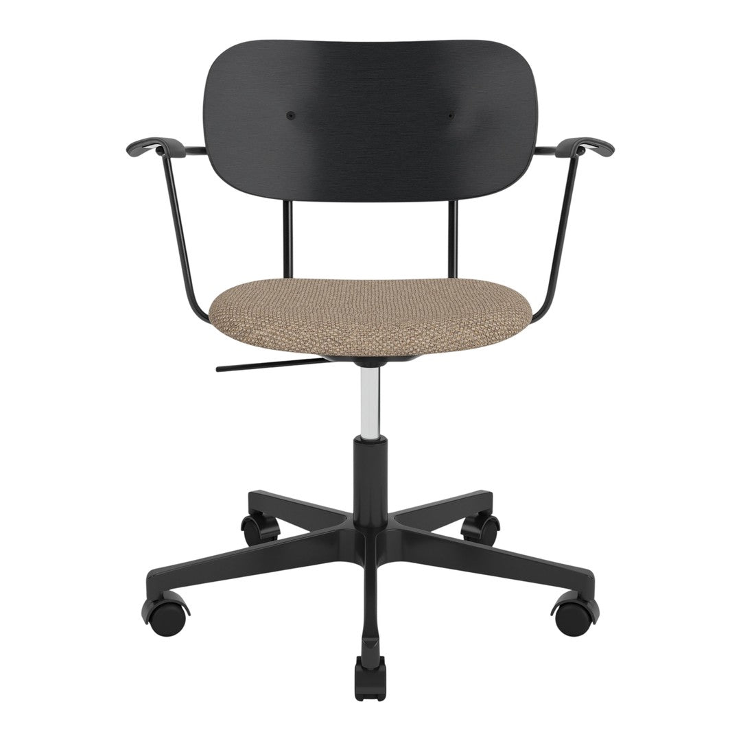 Black office chair with a textured beige seat, featuring a sleek, modern design and rolling wheels.