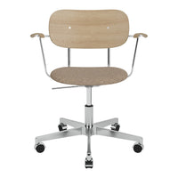 Wooden office chair with light wood finish and chrome frame, featuring a textured beige seat and minimalist design.