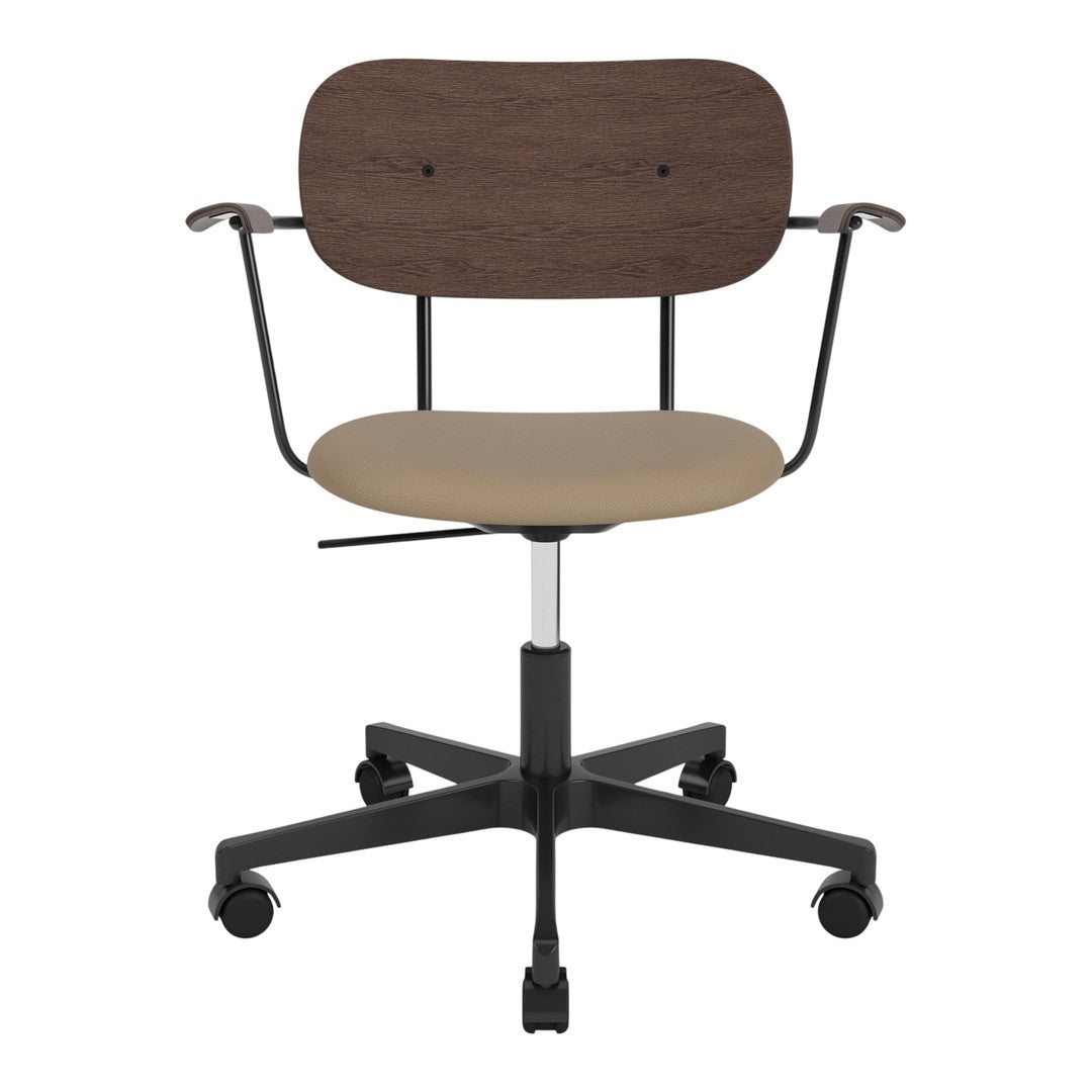 Modern office chair with a brown wood backrest and a beige padded seat on a black wheeled base.