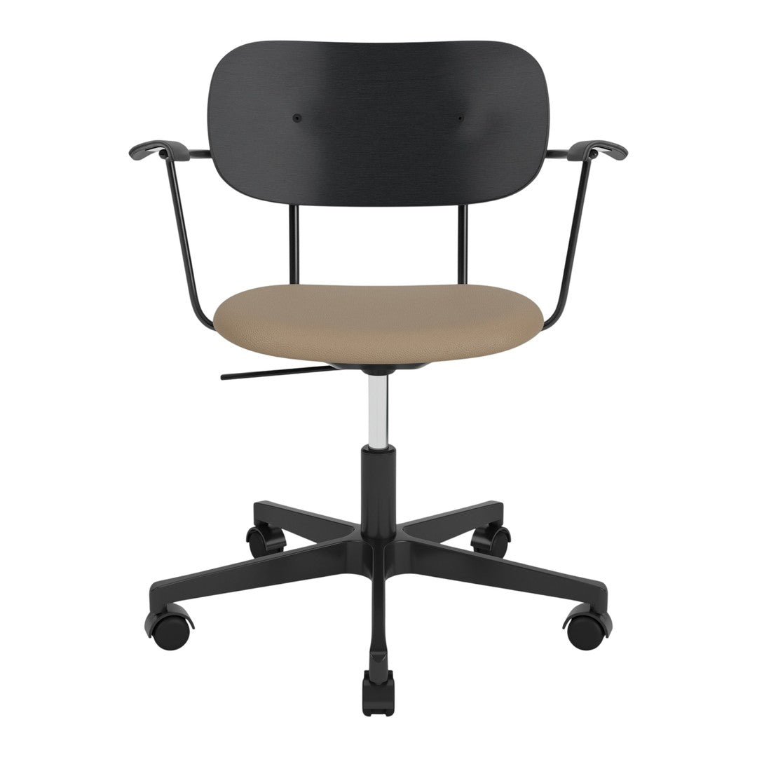 Black office chair with a minimalist design and a tan seat cushion, featuring a wheeled base for mobility.