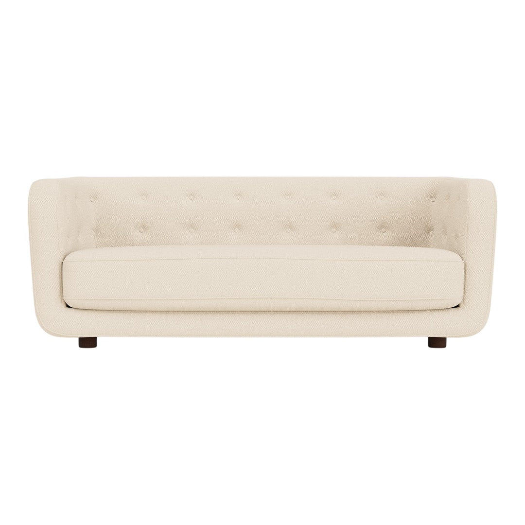 Cream-colored sofa with a smooth, minimalist design and tufted detailing on the backrest. Perfect for modern decor.