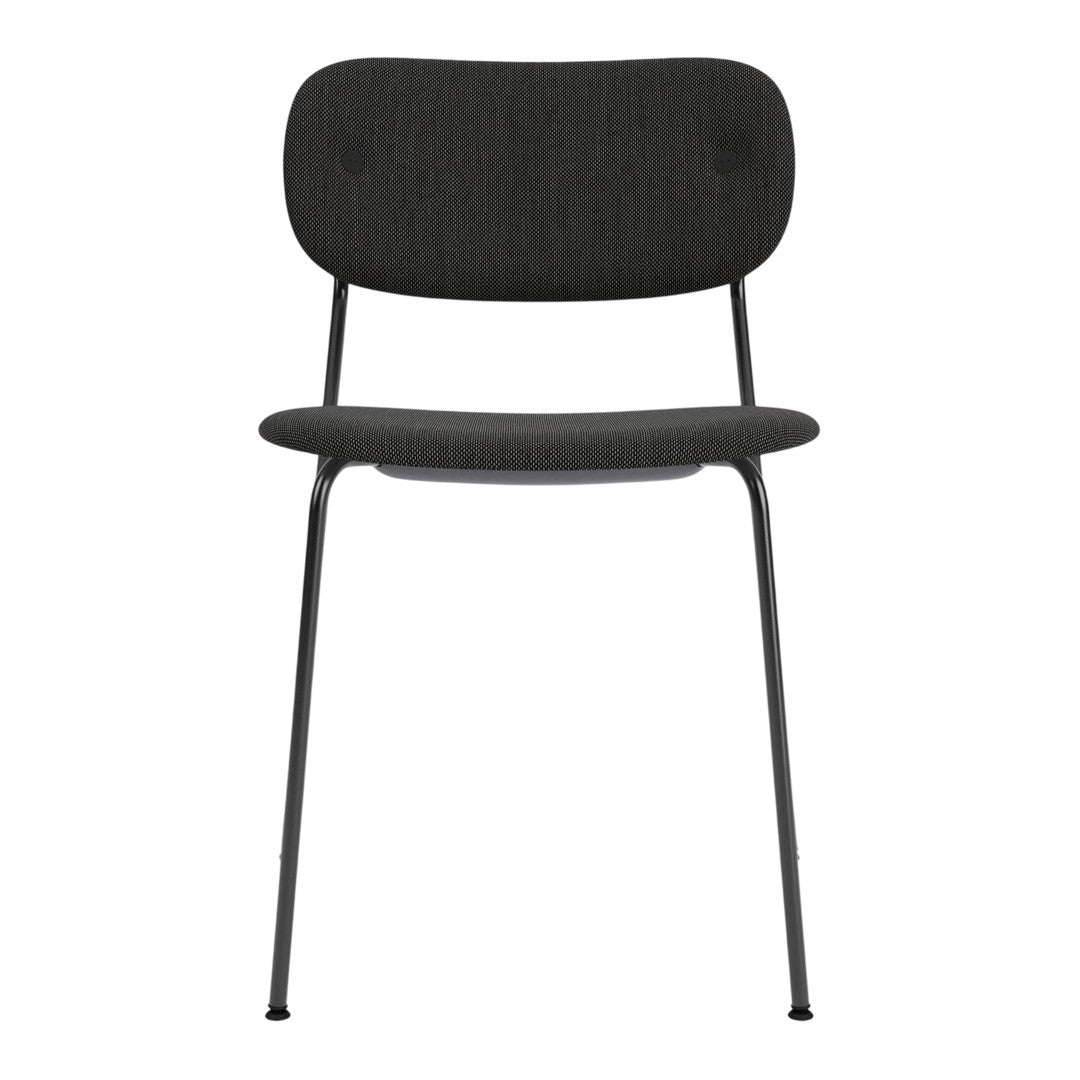 Black upholstered chair with a smooth, minimalist design and subtle texture on the seat and backrest.