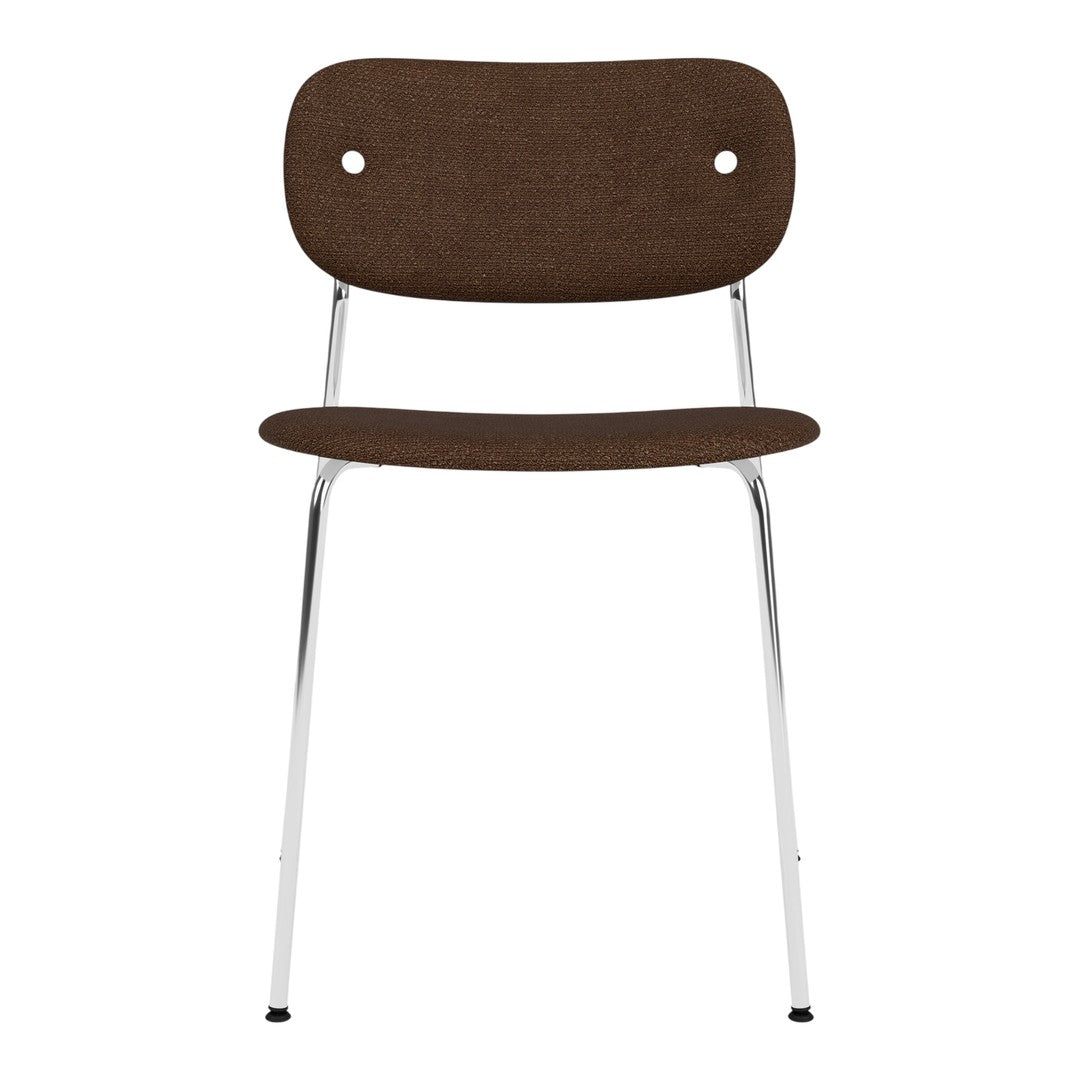 Brown upholstered chair with a smooth design and chrome legs, featuring a simple, modern aesthetic.