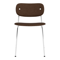 Brown upholstered chair with a smooth design and chrome legs, featuring a simple, modern aesthetic.