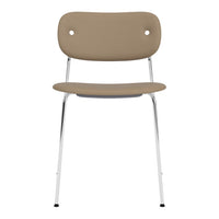 Beige modern chair with a minimalist design and chrome legs, featuring a smooth, solid color finish.