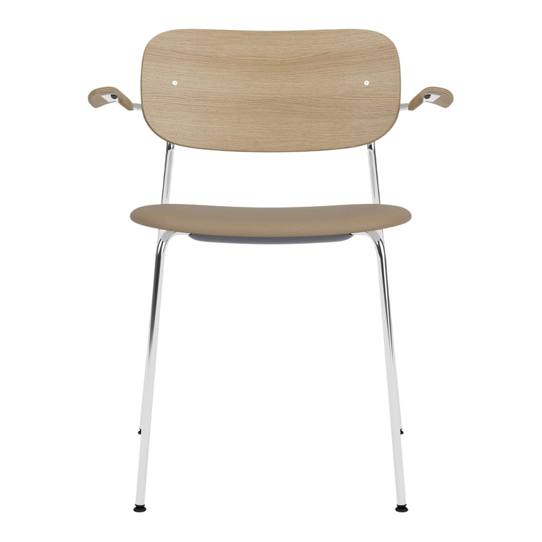 Natural wood finish with smooth curves, chrome legs, and a minimalist design. Ideal for modern decor.