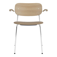 Natural wood finish with smooth curves, chrome legs, and a minimalist design. Ideal for modern decor.