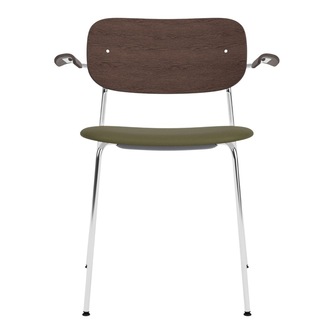 Woodgrain brown backrest, olive green seat, and stainless steel legs create a modern, minimalist chair design.