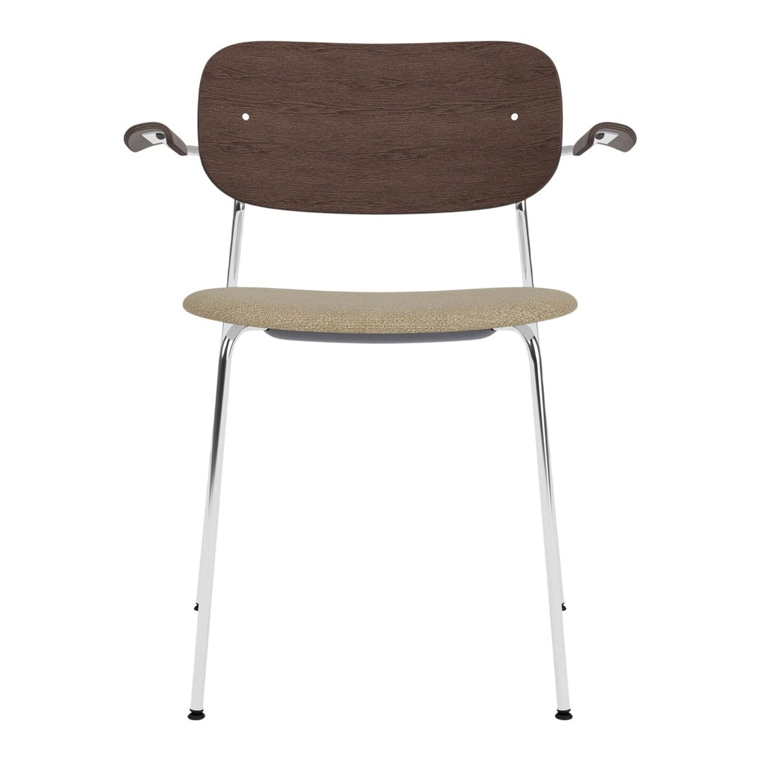 Brown wood backrest chair with beige seat and chrome legs, featuring a sleek, modern design. Perfect for any space.
