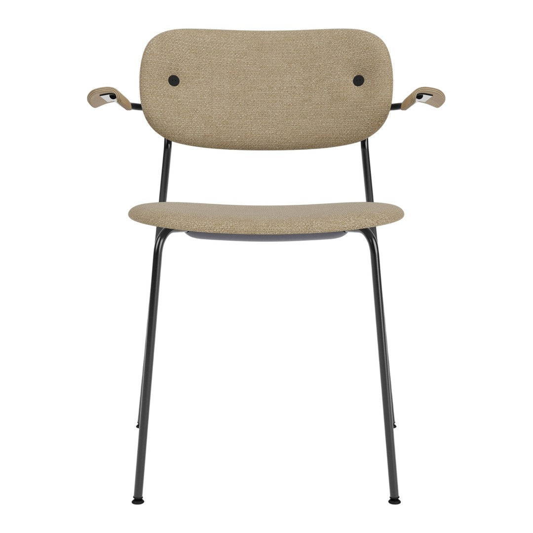 Beige upholstered chair with a textured fabric, featuring sleek black metal legs and a minimalist design.