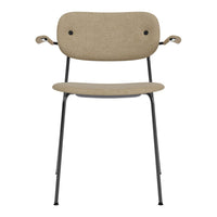 Beige upholstered chair with a textured fabric, featuring sleek black metal legs and a minimalist design.