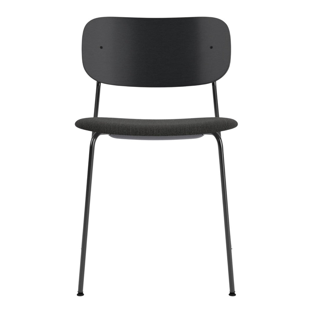 Black chair with a sleek design, featuring a smooth, solid back and a textured seat pattern.
