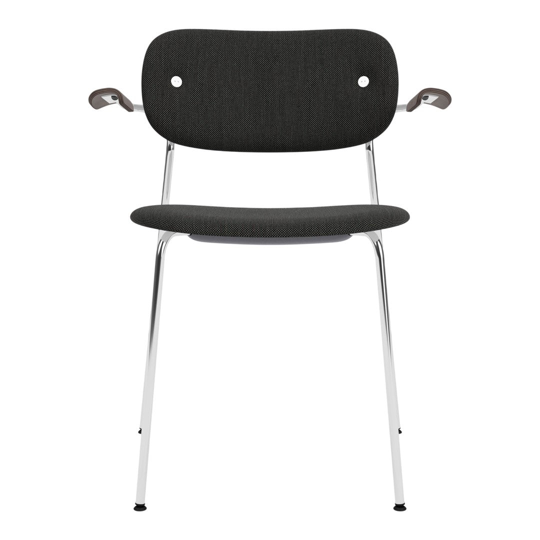 Modern chair in charcoal gray fabric with a sleek chrome frame and minimalist design. Perfect for contemporary spaces.