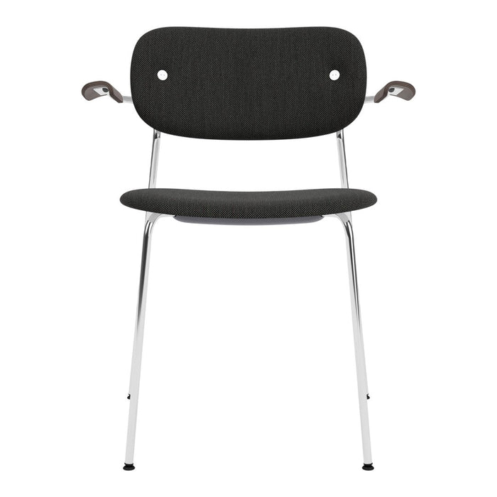 Modern chair in charcoal gray fabric with a sleek chrome frame and minimalist design. Perfect for contemporary spaces.