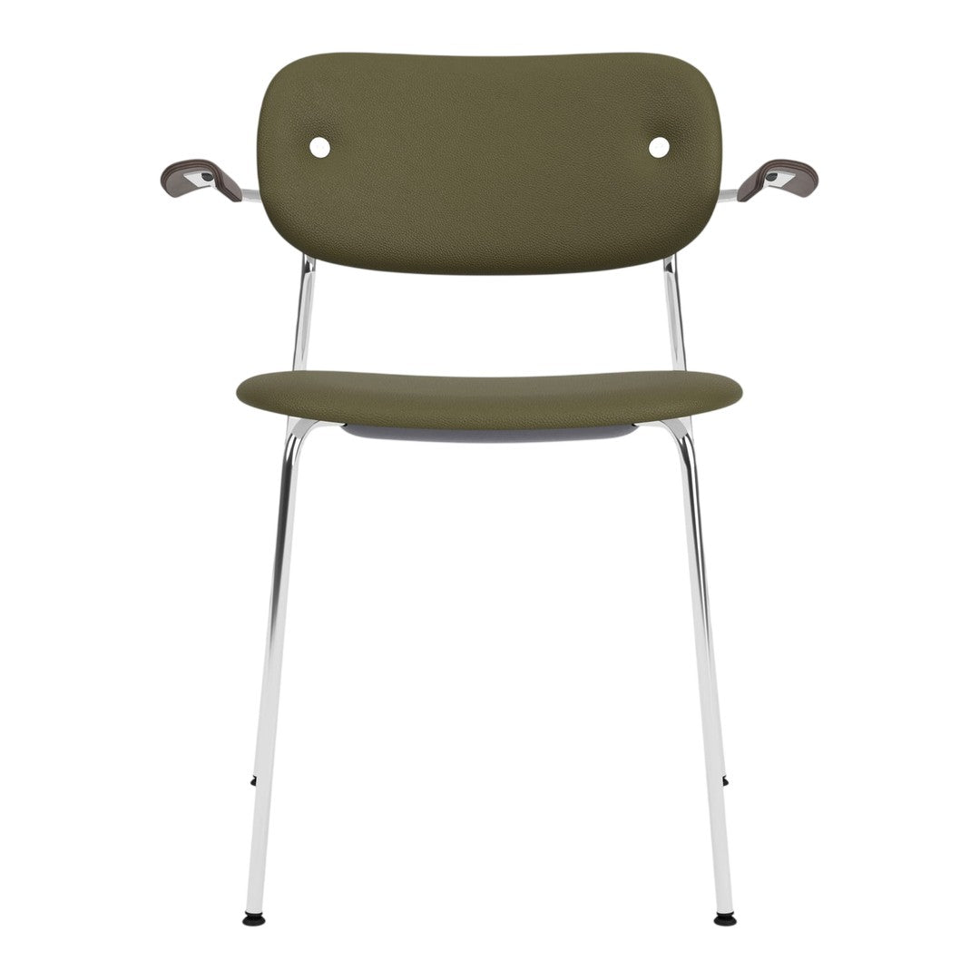 Olive green chair with sleek chrome legs and minimalist design, featuring smooth curves and no patterned accents.