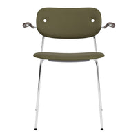 Olive green chair with sleek chrome legs and minimalist design, featuring smooth curves and no patterned accents.