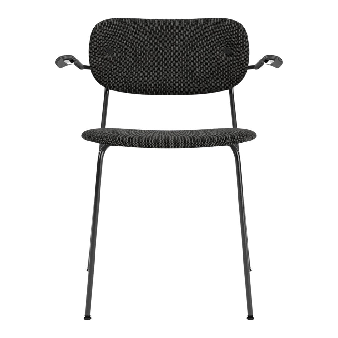 Modern black chair with a textured finish and minimalist design, featuring straight lines and curves for added style.