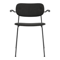 Modern black chair with a textured finish and minimalist design, featuring straight lines and curves for added style.