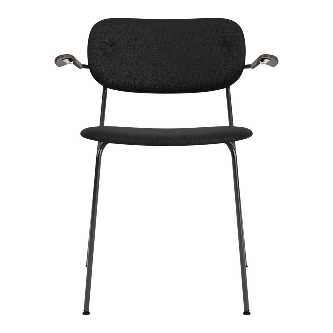 Black chair with a minimalist design, featuring a smooth seat and back, supported by slender metal legs.