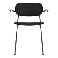 Black chair with a minimalist design, featuring a smooth seat and back, supported by slender metal legs.