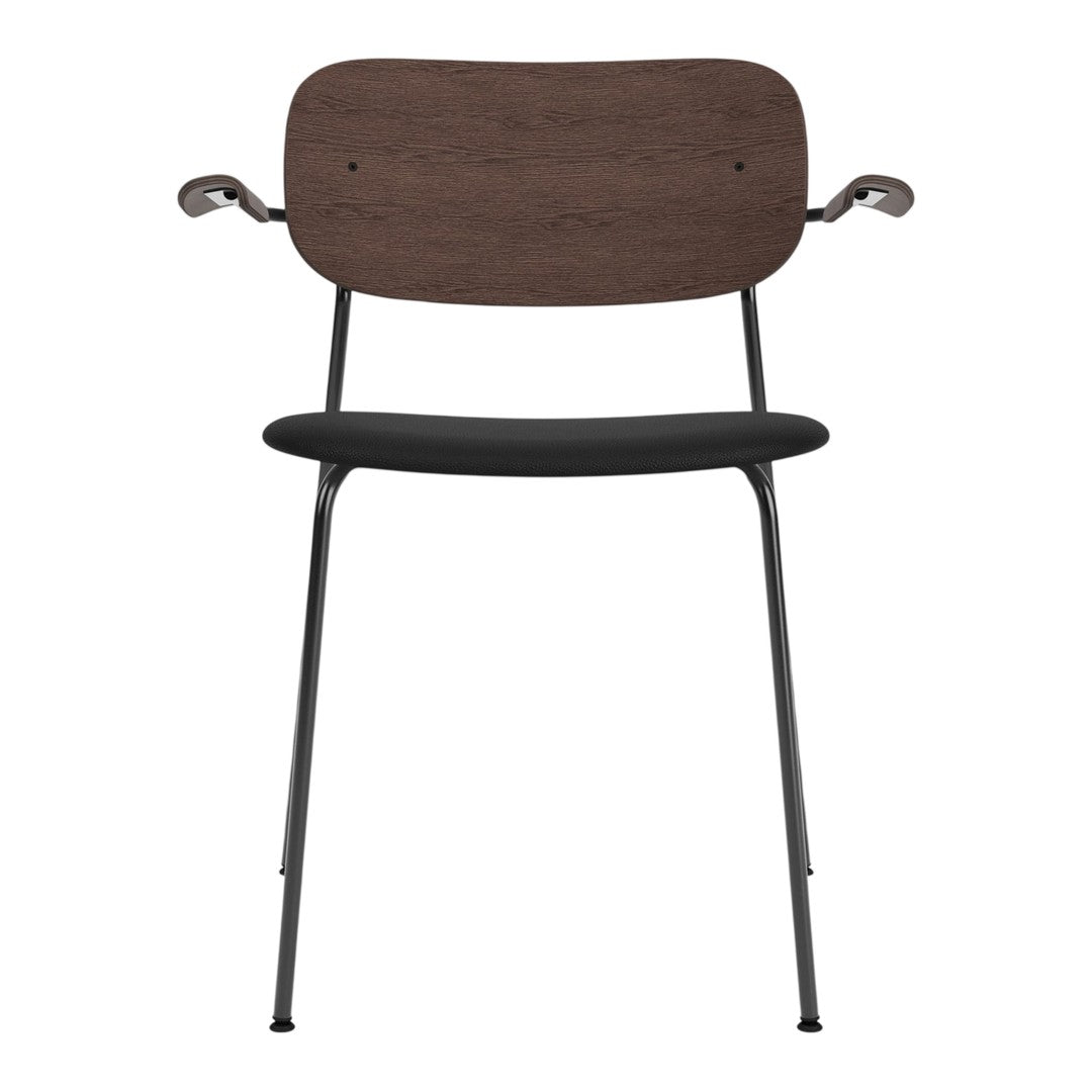 Dark wood grain backrest, black seat, and sleek metal legs create a modern, minimalist chair design.