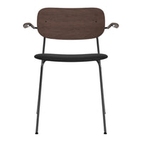 Dark wood grain backrest, black seat, and sleek metal legs create a modern, minimalist chair design.