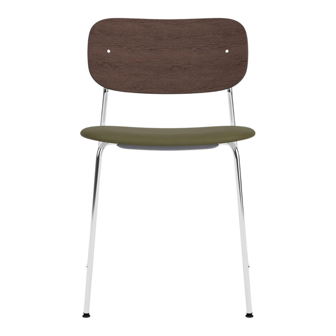 Brown wooden chair back with a green seat and chrome legs, featuring a minimalist design and smooth finish.