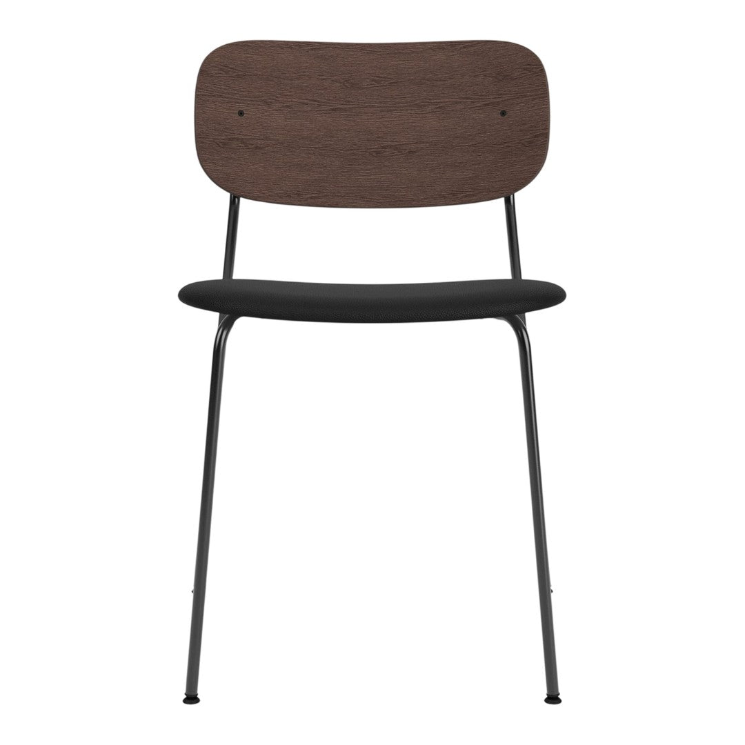 Modern chair featuring a dark wood backrest and black seat, complemented by sleek black metal legs.