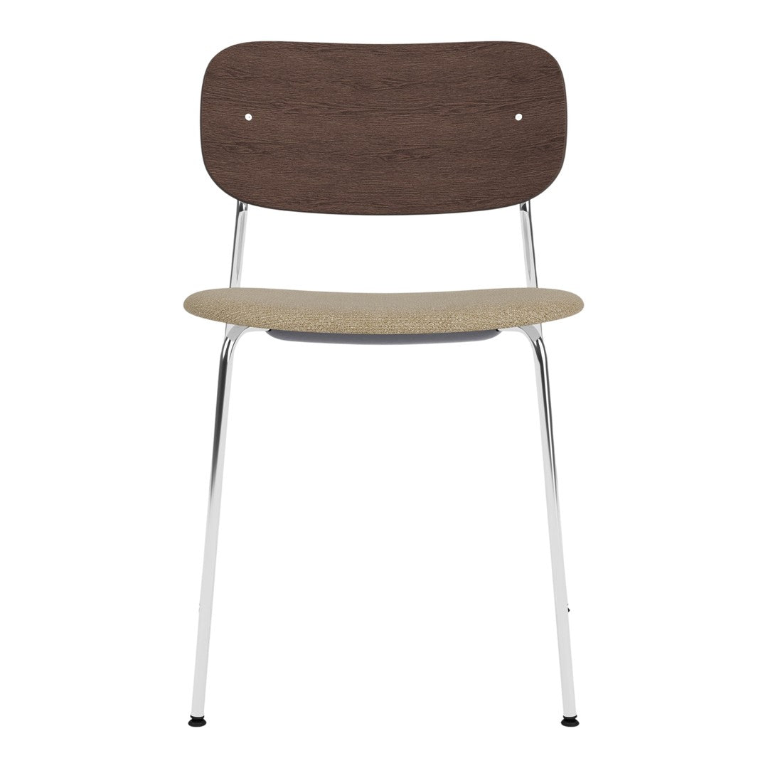 Brown wood backrest and seat with a beige cushion, chrome legs for a modern, minimalist design.