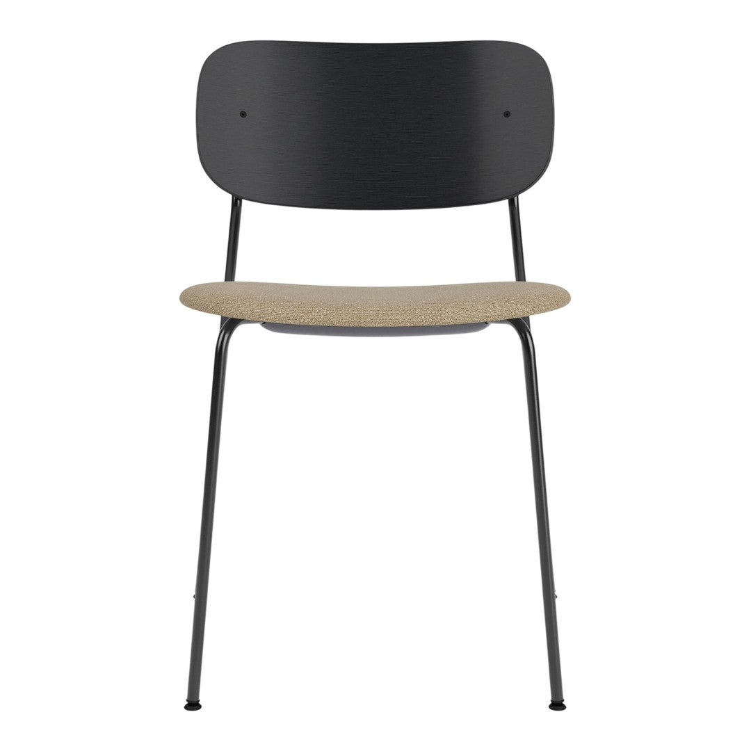 Black metal chair with a natural wood seat, featuring a smooth, minimalist design and elegant lines.