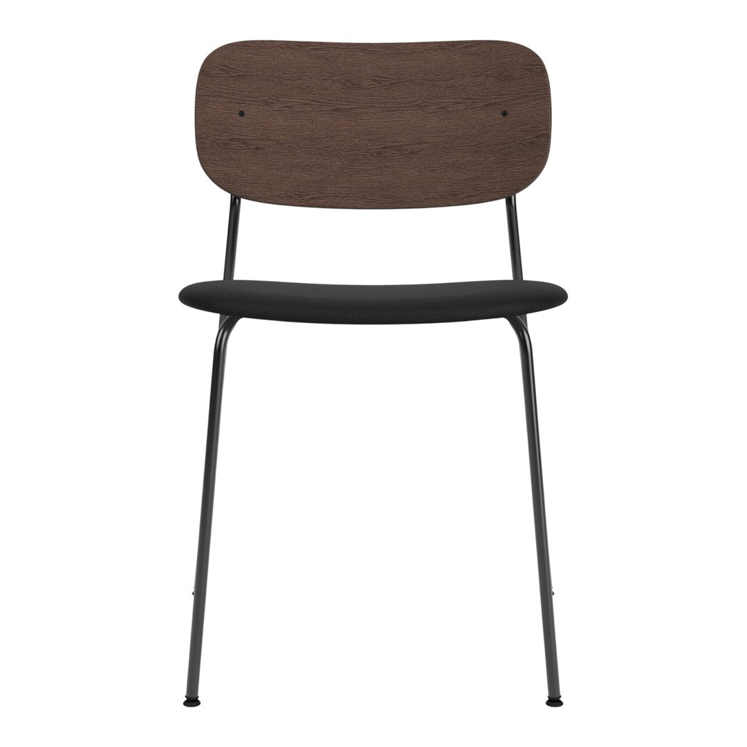 Black metal chair with a dark brown wooden backrest and curved seat design for a modern aesthetic.