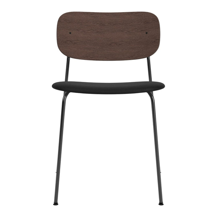 Black metal chair with a dark brown wooden backrest and curved seat design for a modern aesthetic.