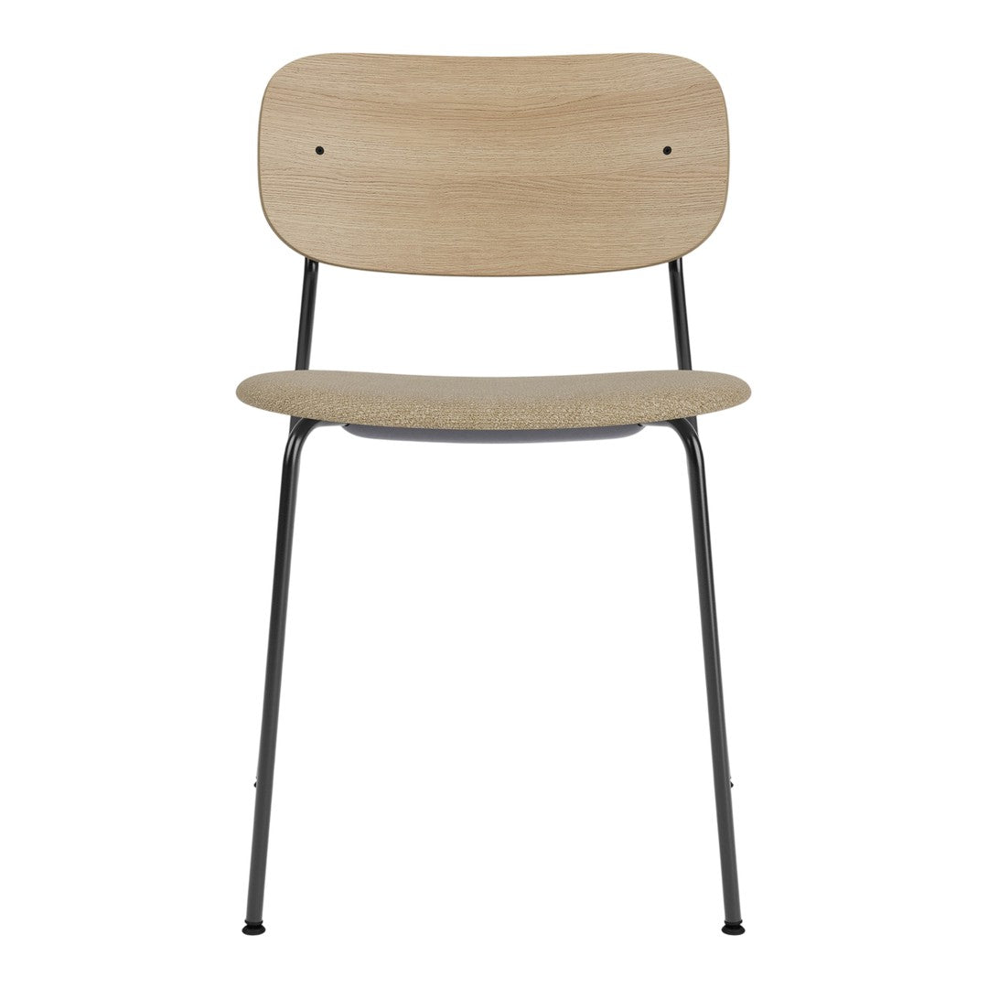 Natural wood finish with a smooth texture, complemented by sleek black metal legs. Minimalist design, modern aesthetic.