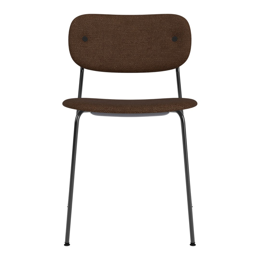 Brown upholstered chair with a minimalist design and sleek black metal legs. Ideal for modern decor.