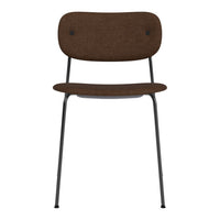 Brown upholstered chair with a minimalist design and sleek black metal legs. Ideal for modern decor.
