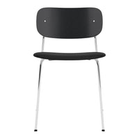 Sleek black chair with a minimalist design, featuring a smooth surface and chrome legs for a modern look.