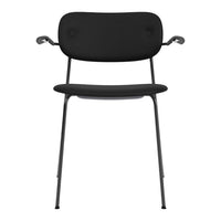Black minimalist chair with a sleek design and subtle buttoned backrest, perfect for modern interiors.