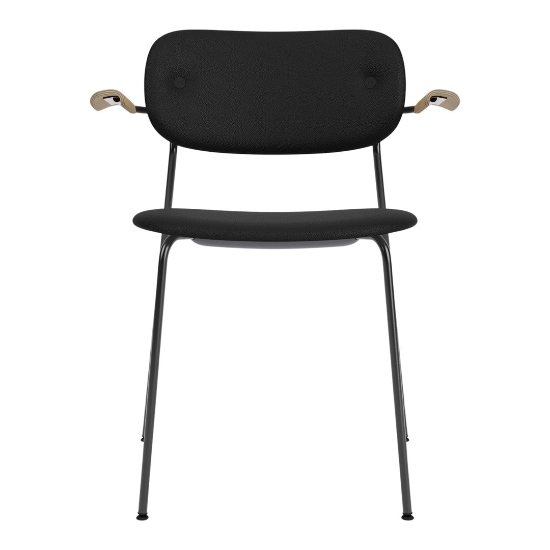 Black chair with a minimalist design, featuring wooden armrests and sleek metal legs for a modern touch.