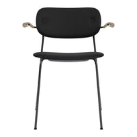 Black chair with a minimalist design, featuring wooden armrests and sleek metal legs for a modern touch.