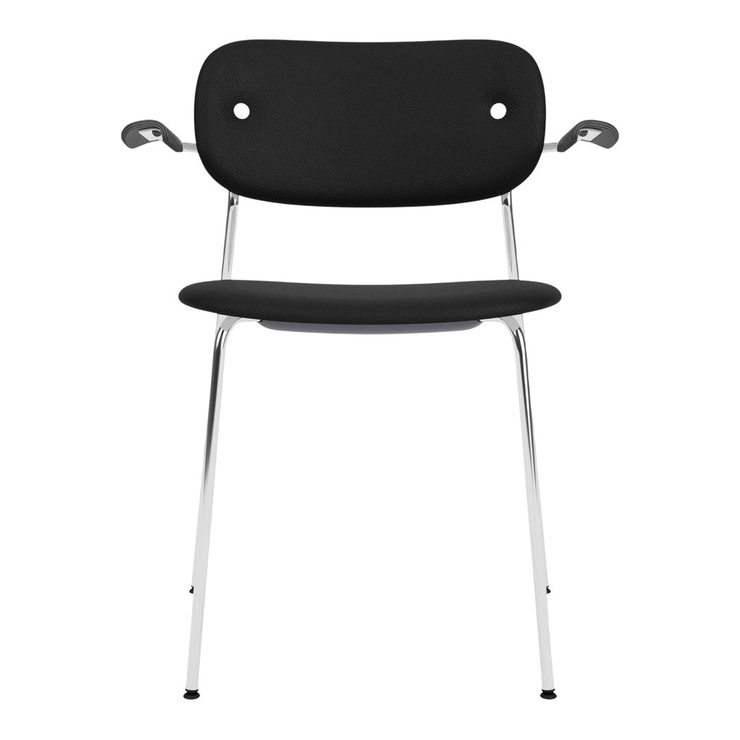Black chair with a sleek design, featuring a smooth seat and backrest, contrasted by chrome legs and arms.