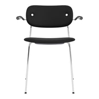 Black chair with a sleek design, featuring a smooth seat and backrest, contrasted by chrome legs and arms.