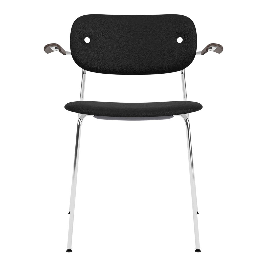 Black chair with minimalist design, featuring chrome accents and smooth, curved lines for modern style.